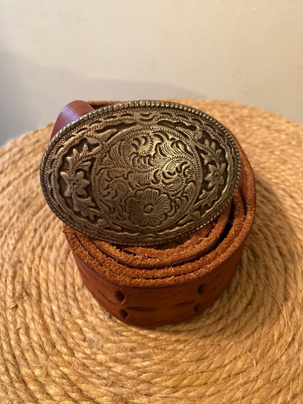 OLD NAVY Leather Belt L Floral Embossed Buckle